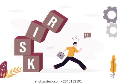 Risk management, concept. Businessman run away from unbalanced pyramid of blocks with text - RISK. Falling stock market. Investor loser. Financial management, balance of income and risks. flat vector