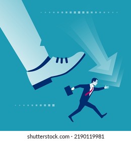 Risk management concept. Businessman runs away from a big leg. Trampling businessman. Vector illustration flat design. Isolated in background. Giant foot leader.