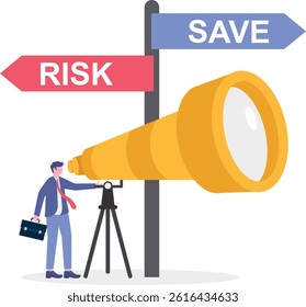 Risk Management concept, businessman using magnifying glass and making decisions and choices, Way of life and career, choosing the path of risk or safety, People think about choosing the right way.

