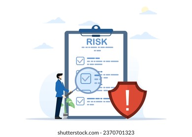 Concepto de Gestión de Riesgos. Control de riesgos con el símbolo de escudo. Documento reglamentario de procedimiento con ilustración vectorial de seguridad y administración de riesgos. protección de datos de privacidad. ilustración vectorial plana.