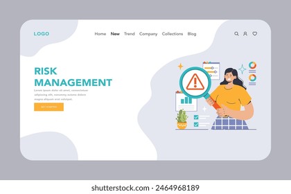 Risk Management concept. An enthusiastic professional engages in proactive risk assessment, magnifying potential issues, against a backdrop of data analysis and security checks. vector illustration