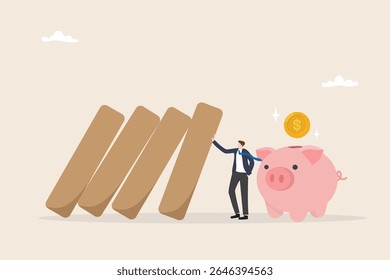 Conceito de gestão de riscos. Economia financeira, seguro de reforma. Plano estratégico para investimentos de alto retorno, ganhos em segurança. Empresário proteger o piggy bank da ilustração do vetor plano do dominó.