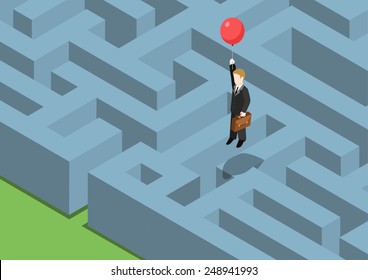 Risk management concept flat 3d web isometric infographic. Labyrinth maze puzzle avoid business problems creative smart solutions. Businessman on balloon flying over obstacles, keep away from crisis.