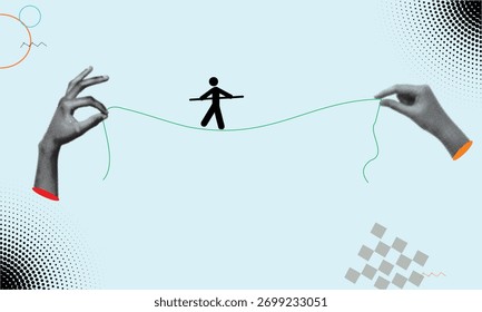 Conceito de gerenciamento de riscos: mãos seguram um equilíbrio apertado Walker simbolizando equilíbrio, risco financeiro, pressão dos negócios, gestão de crises e estratégia de estabilidade.
