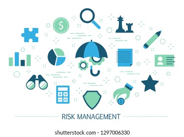 Risk Management Concept. Idea Of Business Strategy And Financial Protection. Money Safety. Set Of Colorful Icons. Isolated Flat Vector Illustration