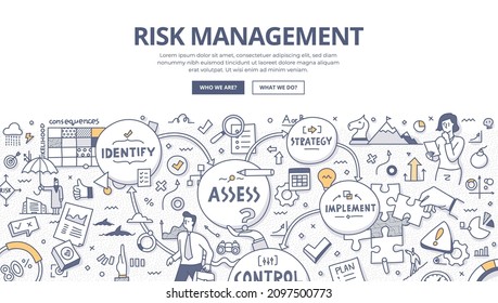 Risk management concept. Illustrated process of identifying, assessing and controlling business treats. Doodle vector illustration