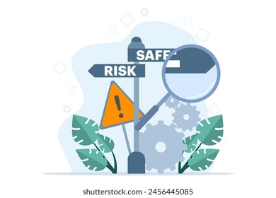 risk Management concept, magnifying glass for making decisions and choices. Way of life and career. choose the risk or security path. Smart people think to choose the right path. vector illustration.