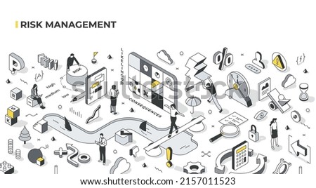 Risk management concept. People are working to predict, evaluate and measure various business risks. Isometric illustration