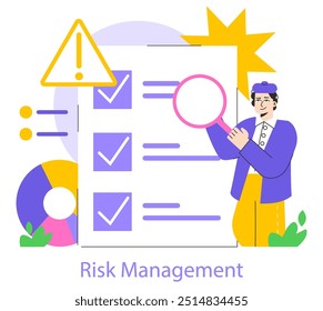 Risk Management concept. Professional analyzes potential risks using a checklist. Strategic planning, evaluation, and control measures. Vector illustration.