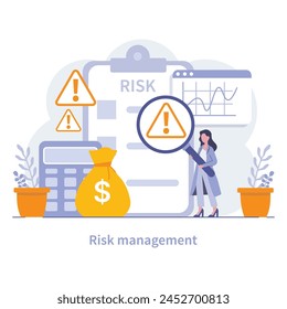 Risk Management concept. A professional evaluating financial uncertainties, with tools for mitigating potential threats. Navigating market dynamics. Vector illustration.