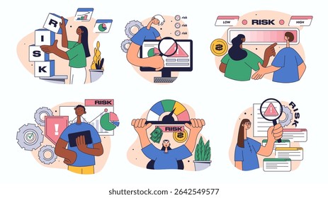 Risk management concept set for web design. Collection with people analyzing meter data, solving problems, control performance indicators, more. Flat vector illustration isolated on white background.