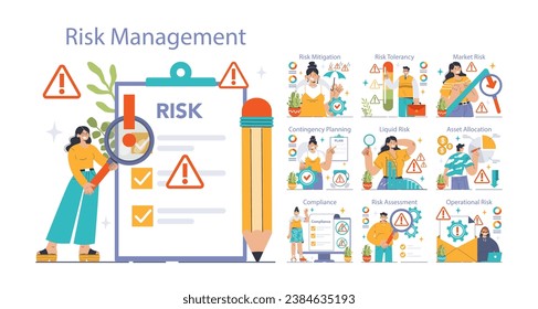 Concepto de gestión de riesgos. Soluciones comerciales estratégicas para el manejo de la incertidumbre. Analizar, controlar y minimizar las amenazas. Ilustración vectorial plana