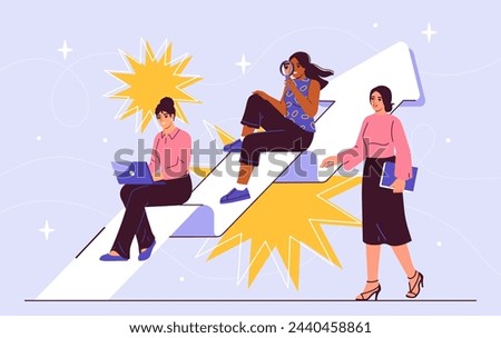 Risk management concept. Women near rising arrows. Motivation and success. Financial literacy and budgeting, accounting. Entrepreneurs and businesspeople. Cartoon flat vector illustration