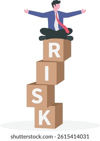 Risk management, control or access to lose money in investing, process or preparation for safety or secure earning and loss concept, businessman investor calmly meditate on stack with the word RISK.

