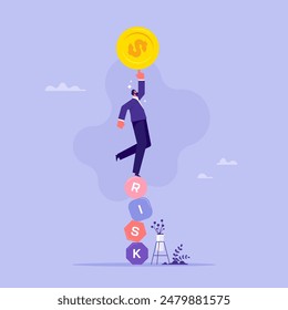 Risk management, control or assess to lose money in investing concept, preparation for safety or secure earning and loss, businessman balance on stack with the word RISK