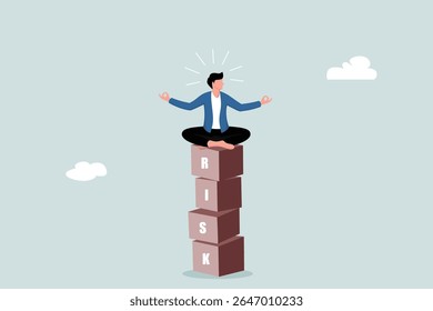 Risk management, control or assess to lose money in investing, process or preparation for safety or secure earning and loss concept, businessman investor calmly me on stack with the word RISK.
