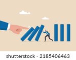 Risk management, control danger, lost or damage from crisis or accident, management and investment strategy, assessment level concept, businessman stop risk of domino effect from threats and disaster.