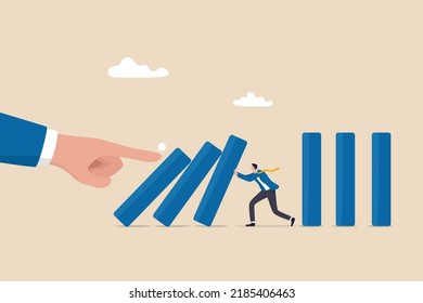 Risk management, control danger, lost or damage from crisis or accident, management and investment strategy, assessment level concept, businessman stop risk of domino effect from threats and disaster.