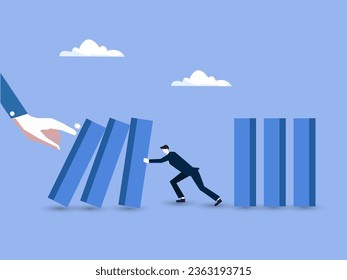 Risk management, control danger, lost or damage from crisis or accident, management and investment strategy, assessment level concept, businessman stop risk of domino effect from threats and disaster.