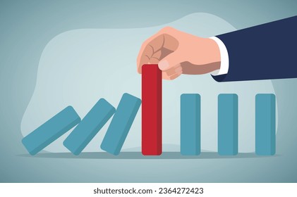 Risk management, control danger, lost or damage from crisis or accident, management and investment strategy, insurance concept, businessman stop risk of domino effect from threats and disaster.