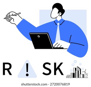 Gestión de riesgos, toma de decisiones, estrategia de negocio, gobierno corporativo, planificación financiera, soluciones tecnológicas. Profesional del negocio con el ordenador portátil y el icono de la advertencia. Gestión de riesgos y decisión