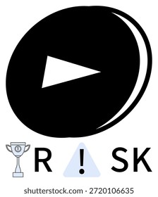 Gestión de riesgos, toma de decisiones, streaming online, mecánica de juegos, retos, competencia. Icono de Botón de juego en negrita con trofeo y triángulo de advertencia. Concepto de gestión de riesgos y toma de decisiones