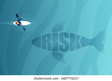 Risk management and difficul times concept. Vector of a man in a small boat floats next to a big shark or whale.