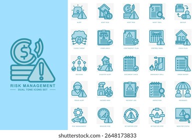 Risk management dual tone icons set. contain alert, asset risk, audit trail, risk management, insurance and more. use for modern concept, print, UI, UX kit, web and app development. Vector EPS 10