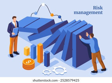 Gestão de riscos. Empresários com gráficos e diagramas. Solução empresarial e decisão para evitar a crise e a falência. Liderança e sucesso. Estratégia e planejamento. Ilustração de vetor isométrico