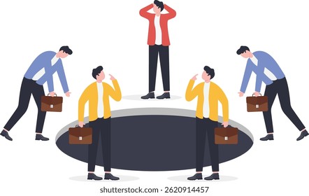 Risk Management, Evaluation and Analysis, Problem Analysis or Decision Making Discussion, A group of businessmen standing at the edge of a dark cave discussing and analyzing

