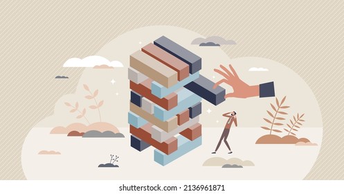 Risk management and financial business danger evaluation tiny person concept. Warn businessman about company economical crisis impact after evaluation and performance analysis vector illustration.