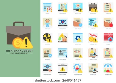O conjunto de ícones de cores planas de gerenciamento de riscos contém barreira, alerta de violação, risco de negócios, lista de verificação, firewall, risco financeiro e muito mais. Vetor para conceito moderno, impressão, UI, kit UX, web e desenvolvimento de aplicativos.