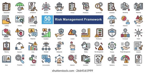 Conjunto de ícones da Estrutura de gerenciamento de riscos contendo 50 ícones, incluindo: avaliação, mitigação, conformidade, controles, governança, políticas, procedimentos, identificação, avaliação, vetores simples.