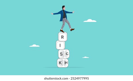 risk management to getting rich, strategy to achieve success in business, rich with risk concept, smart businessman balancing a pile of cubes with rich and risk written on the side