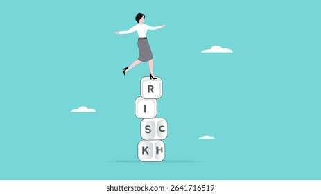 risk management to getting rich, strategy to achieve success in business, rich with risk concept, smart business woman balancing a pile of cubes with rich and risk written on the side