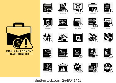 O conjunto de ícones de gerenciamento de riscos contém barreira, alerta de violação, risco de negócios, lista de verificação, firewall, risco financeiro e muito mais. Vetor para conceito moderno, impressão, UI, kit UX, web e desenvolvimento de aplicativos.