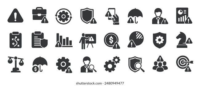 Risk management glyph solid icons collection. Containing management analysis, strategy, identify, finance protection. For website marketing design, logo, app, template, ui, etc. Vector illustration.