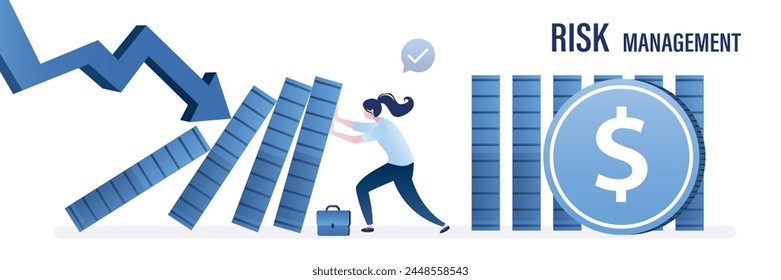 Risikomanagement, Horizontaler Banner. Schutz von Unternehmen und Finanzen, Krisenmanagement. Effektive Geschäftsfrau helfen, Support Unternehmen vermeiden Dominoeffekte in der Wirtschaftskrise. Fallende Grafik. Vektorgrafik