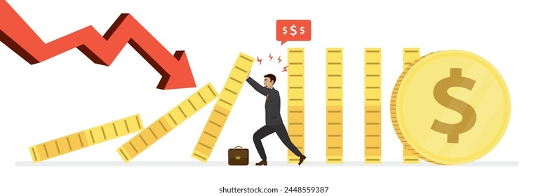 Risikomanagement, Horizontaler Banner. Schutz von Unternehmen und Finanzen, Krisenmanagement. Effektive Geschäftsmann-Hilfe, Support Unternehmen Vermeidung von Dominoeffekten in der Wirtschaftskrise. Fallende Grafik. Vektorgrafik