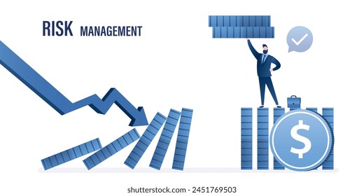 Risikomanagement, Horizontaler Banner. Schutz von Unternehmen und Finanzen, Krisenmanagement. Effektive Top-Manager-Hilfe, Support Unternehmen Vermeidung von Dominoeffekten in der Wirtschaftskrise. Fallende Grafik. Vektorgrafik