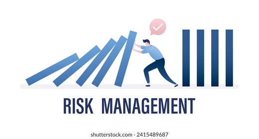 Gestión de riesgos, banner comercial horizontal. Protección empresarial, gestión de crisis. Los empresarios ayudan y apoyan a las empresas evitando el efecto dominó en la crisis económica. Ilustración vectorial plana