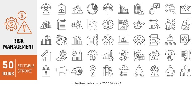 Risk management icon collection. Containing risk, insurance, project, process, warning, safety icon. Simple line vector.