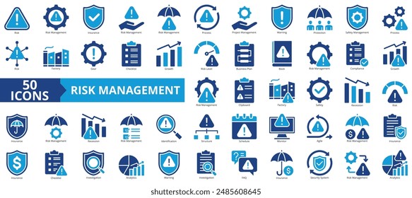 Conjunto de colecciones de iconos de gestión de riesgos. Conteniendo riesgo, seguro, proceso, proyecto, advertencia, protección, icono de seguridad. Sencillo Vector plano.