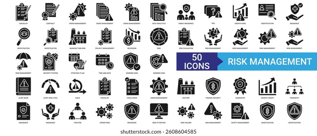 Risk Management icon collection set with checklist, contract, crisis management, data analytics, family insurance