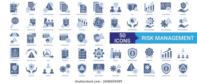 Risk Management icon collection set with checklist, contract, crisis management, data analytics, family insurance