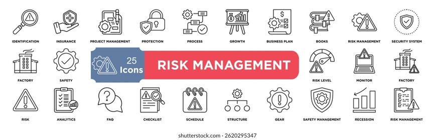 Risk management icon collection set. Containing risk, insurance, process, project, warning, protection, safety icon. Simple line vector.