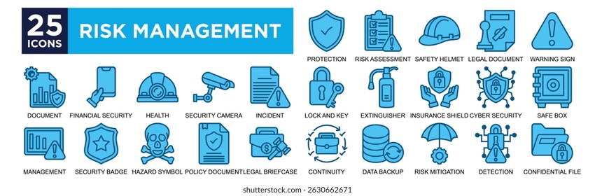  Conjunto de colecciones de iconos de gestión de riesgos. Diseño que contiene Evaluación de Riesgos, Protección de Escudo, Casco de Seguridad, Documento Legal, Señal de Advertencia,