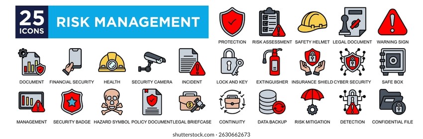  risk management icon collection set. Containing design Risk Assessment, Shield Protection, Safety Helmet, Legal Document, Warning Sign,