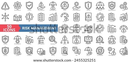 Risk management icon collection set. Containing risk, insurance, process, project, warning, protection, safety icon. Simple line vector.