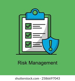 Risk Management Icon: Features a clipboard with green checkmarks symbolizing completed tasks and a blue shield with an exclamation mark representing protection and caution. Ideal for risk assessment.